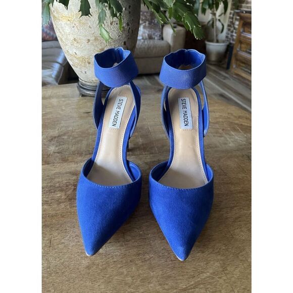 Steve Madden Blue Suede Elastic Ankle Strap Pointed Toe Stiletto Heels Size - Picture 2 of 9